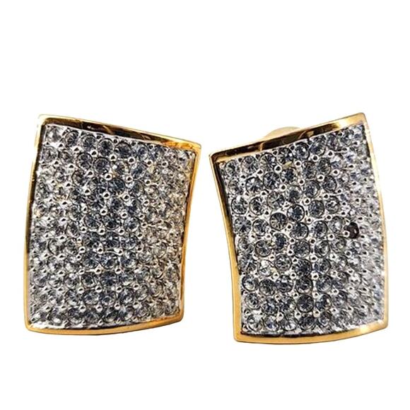 Vintage Swarovski Signed Pave Crystal Clip-On Earrings Gold Square Statement EUC - Picture 1 of 6